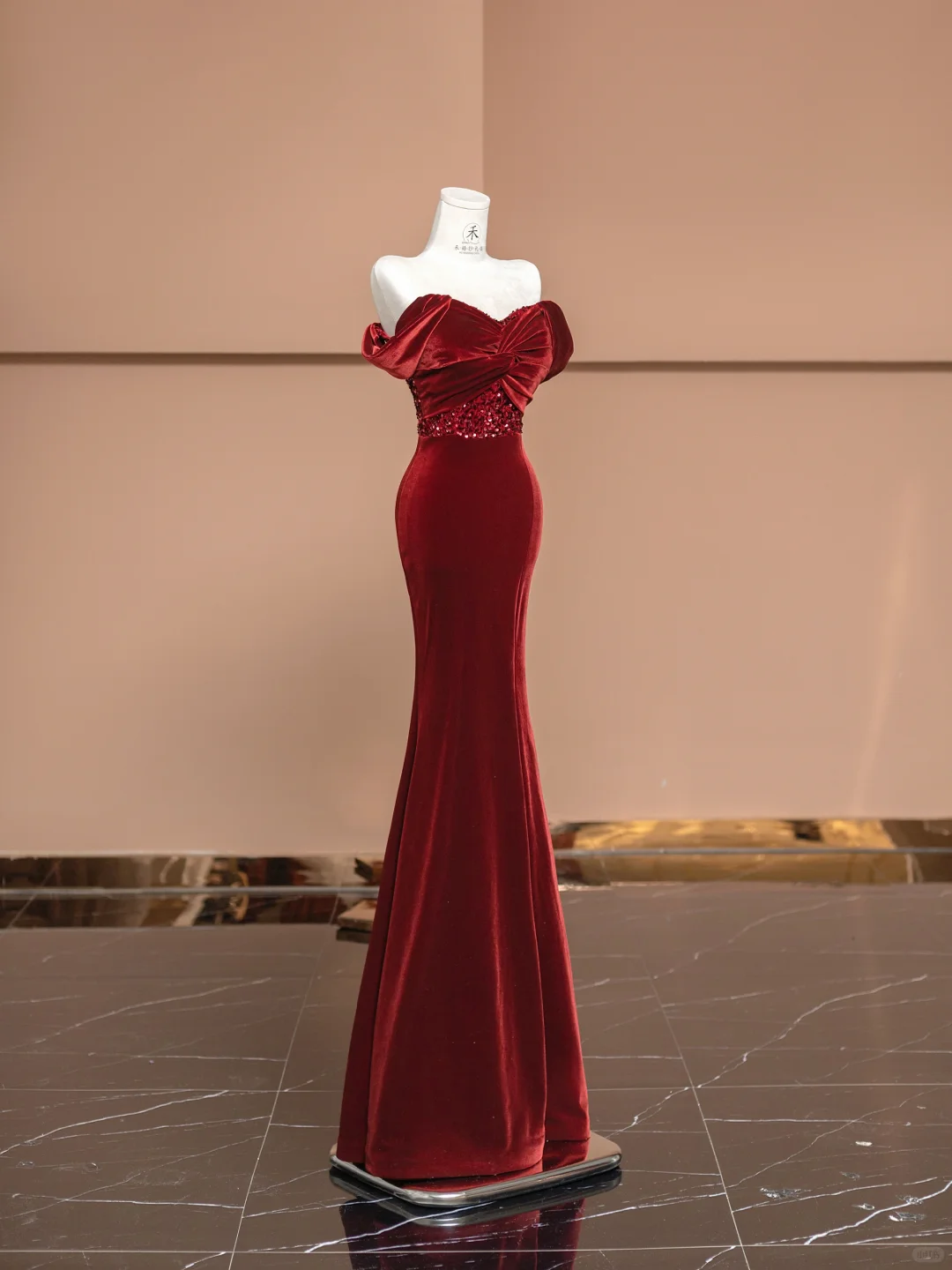 Burgundy Mermaid Off the Shoulder Sequin Velvet Long Prom Dress Party Dress SH4369