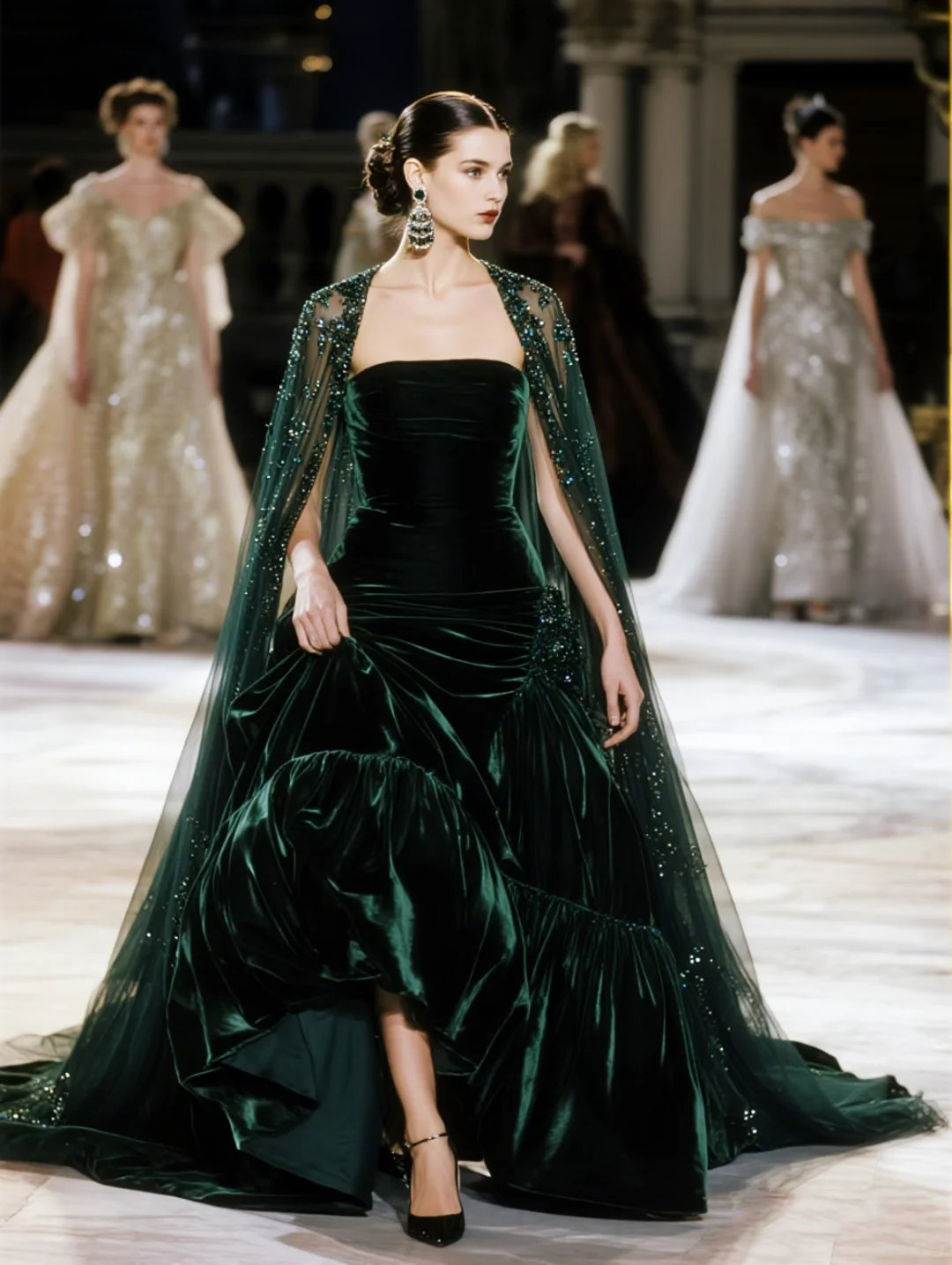 Elegant Ball Gown Strapless Green Velvet Beaded Tulle Long Prom Dress SH5088