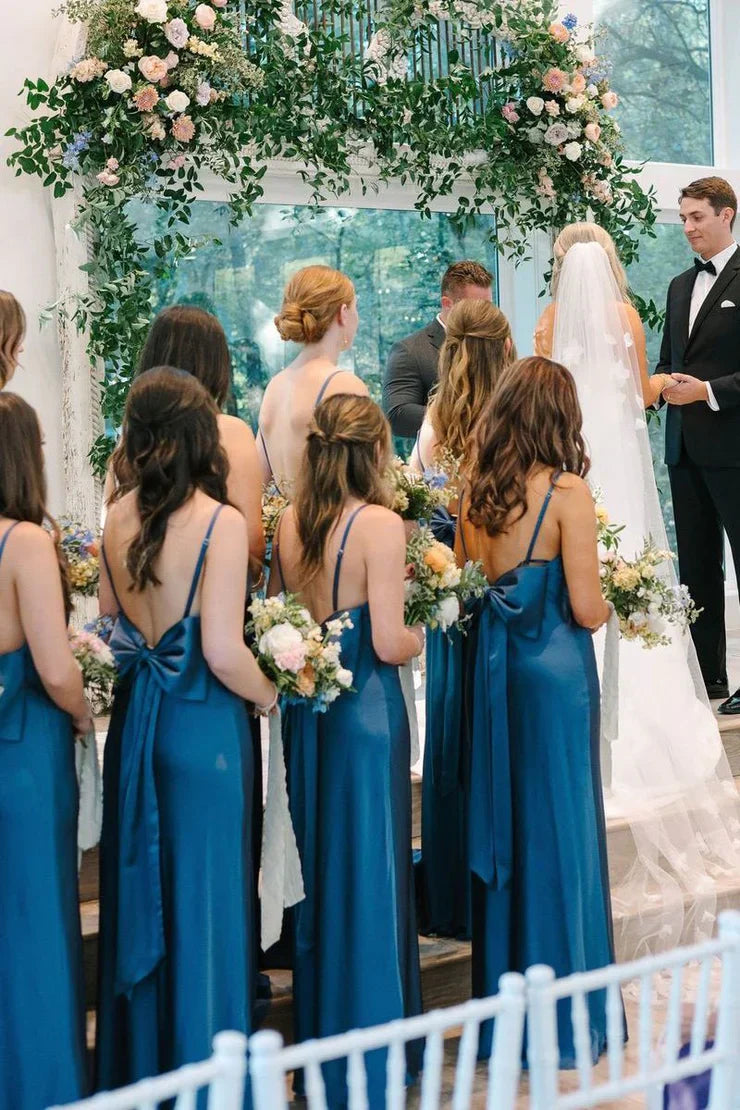 Simple Mermaid Spaghetti Straps Blue Long Bridesmaid Dresses with Bow Back SH6286