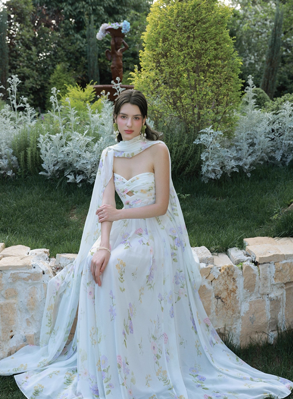 Dreamy A Line Sweetheart Neck Print Floral Chiffon Prom Dress Party Dress SH4172