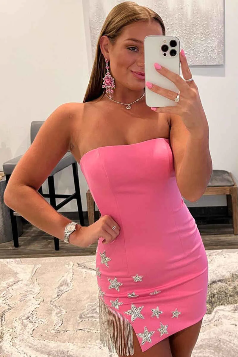 Pink Strapless Tassel Tight Mini Homecoming Dress SH788