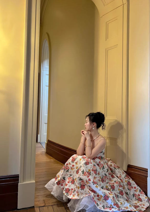 Princess A Line Spaghetti Strap Print Floral Satin Prom Dress 16th Birthday Dress SH3982