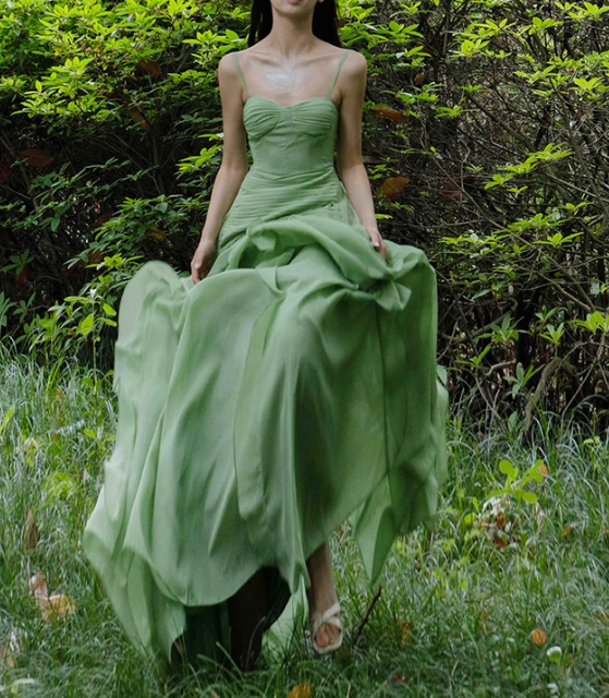 Flowy Ruffle Green A Line Spaghetti Strap Chiffon Evening Dress Party Dress SH3483
