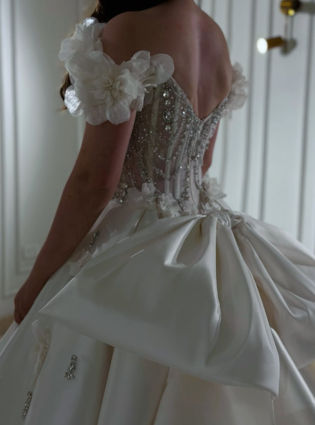 Gorgeous Exquisite A Line Off the Shoulder Flower Rhinestone White Satin Long Wedding Dress Date Dress SH3466