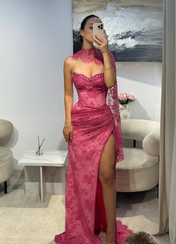 Pink A Line Sweetheart Neck Beaded Lace Prom Dress Evening Dress with Slit SH4438