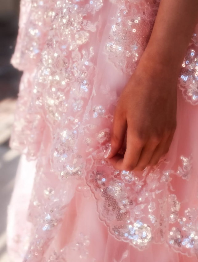 Elegant A Line Off the Shoulder Tiered Sequin Light Pink Tulle Prom Dress Evening Dress SH2385