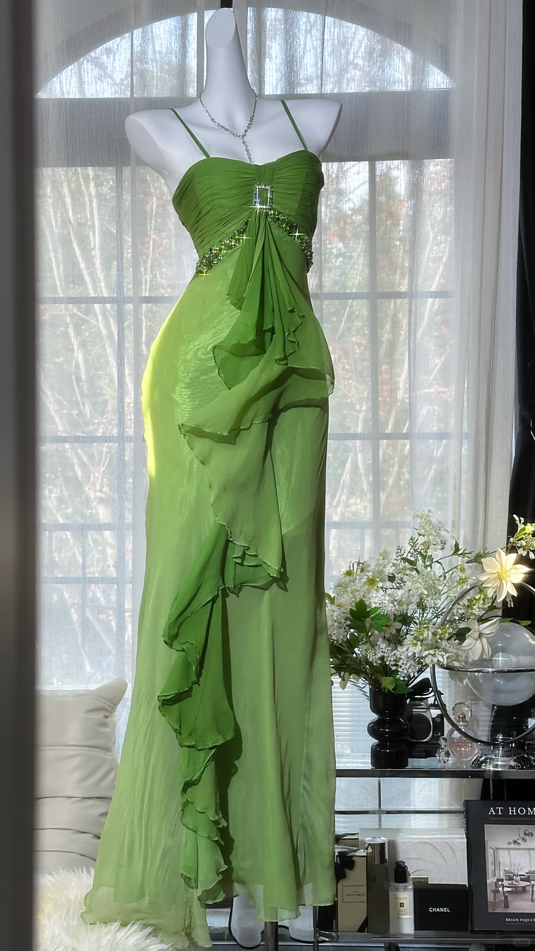 Charming Vintage Mermaid Straps Beaded Ruffle Green Chiffon Long Prom Dress SH5123