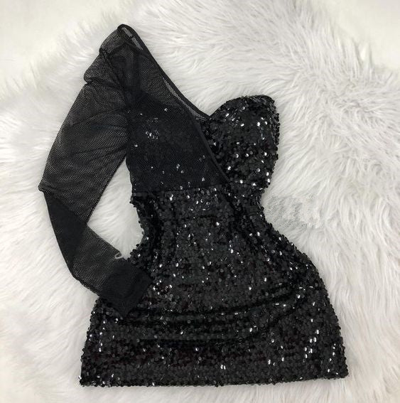 Black One Shoulder Sequins Mini Homecoming Dress Short Party Dress SH1414