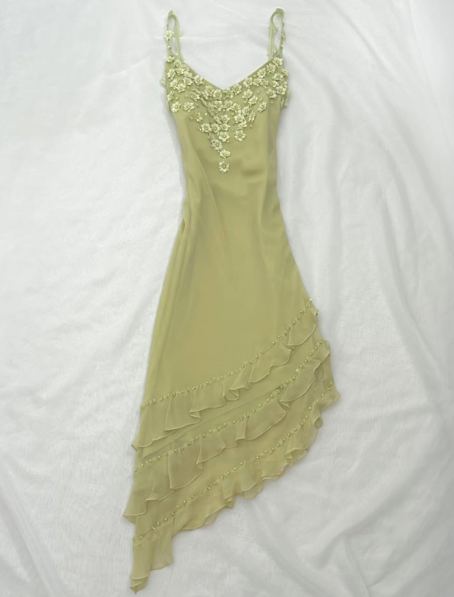 Bean Green Floral A Line Spaghetti Strap Beaded Layered Chiffon Homecoming Dress Party Dress SH3568