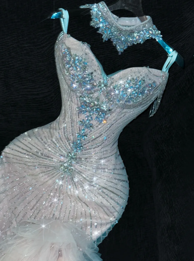 Mermaid Beaded Sweetheart Neck Tulle Long Prom Dress Evening Dress Party Dress SH3615