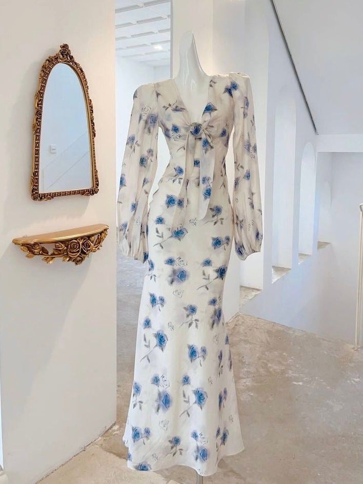 Elegant Mermaid Long Sleeve Blue Floral Chiffon Prom Dress Party Dress Outfits SH4075