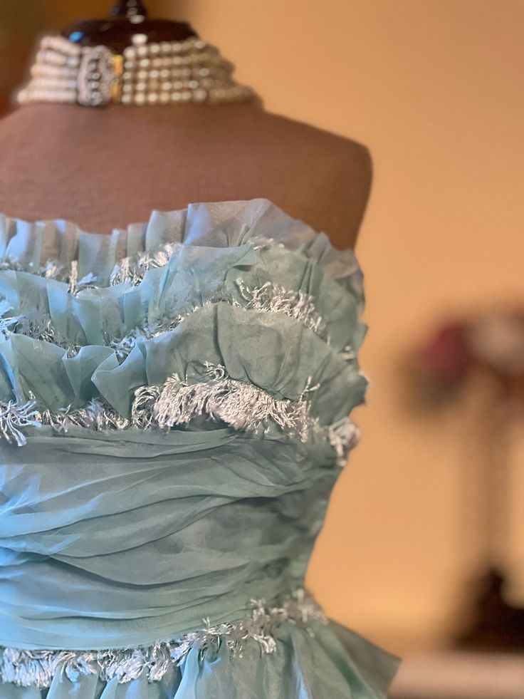 1940s Teal Vintage A Line Strapless Layered Organza Gown Homecoming Dress SH3661