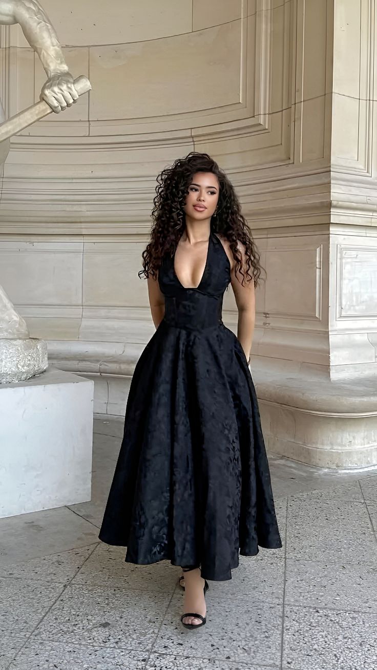 Elegant Black A Line Halter V Neck Print Satin Prom Dress Party Dress SH8403