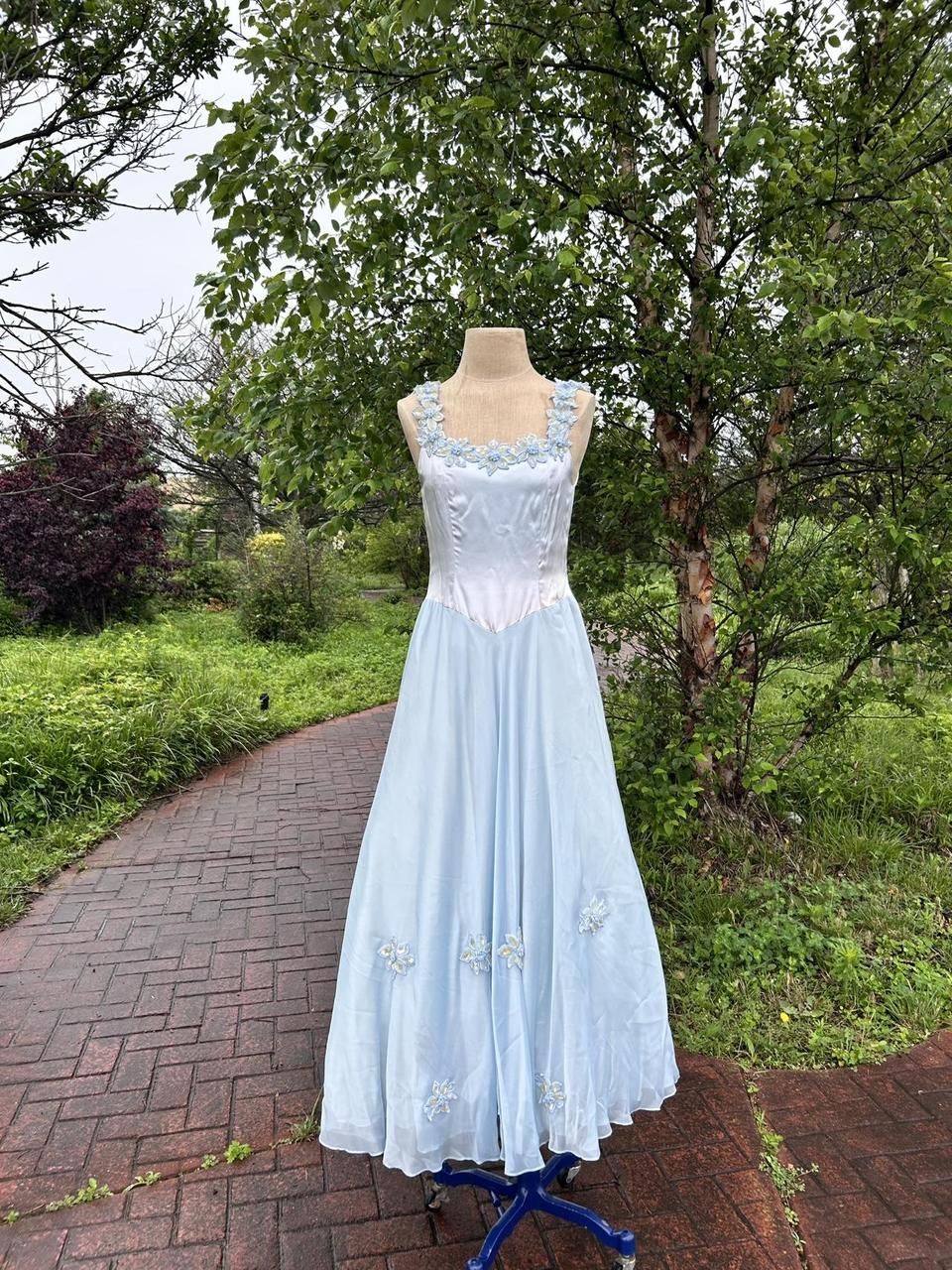 Baby Blue A Line Straps Appliques Chiffon Satin Prom Dress Evening Dress Formal Gown SH3933