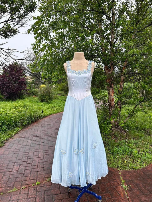 Baby Blue A Line Straps Appliques Chiffon Satin Prom Dress Evening Dress Formal Gown SH3933