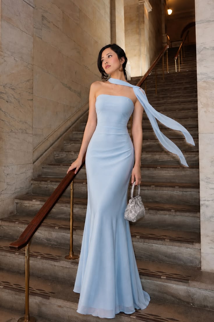 Baby Blue Mermaid Strapless Ethereal Chiffon Long Prom Dress Evening Dress SH7574