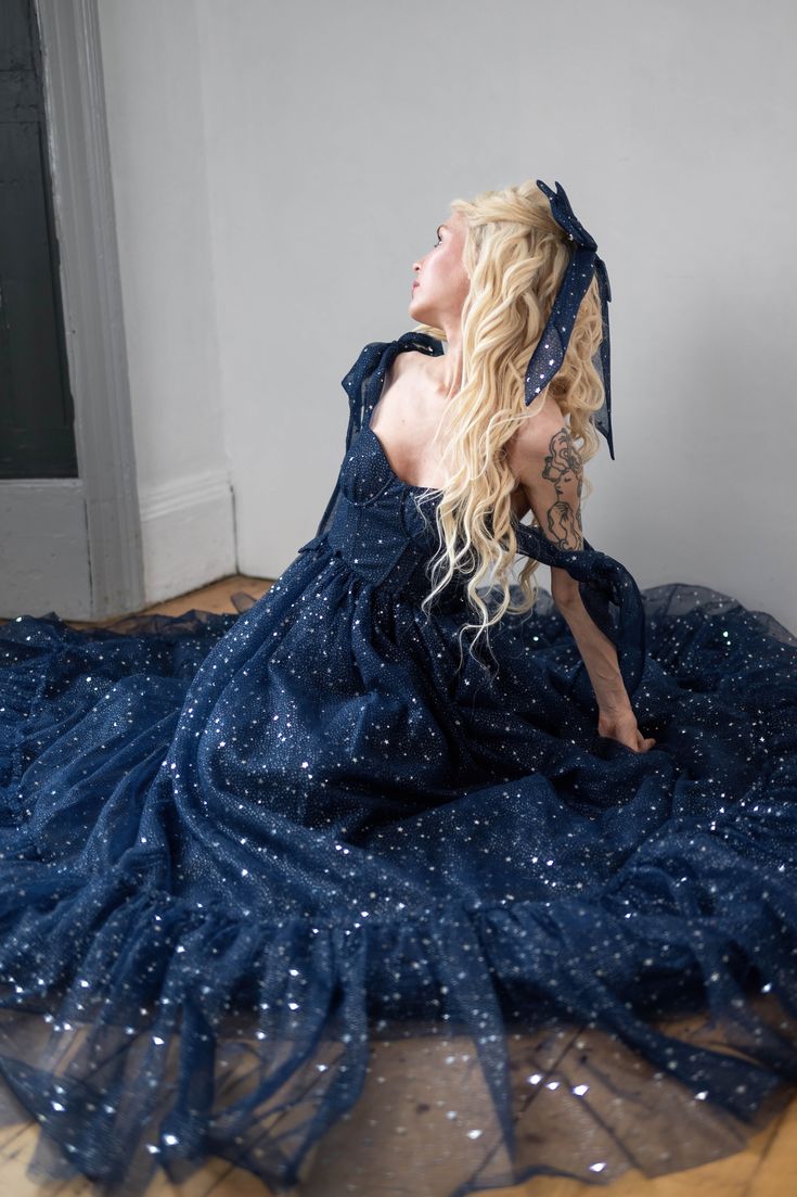 Star Sequin Navy Blue A Line Straps Layered Tulle Date Dress Prom Dress Evening Dress SH3888