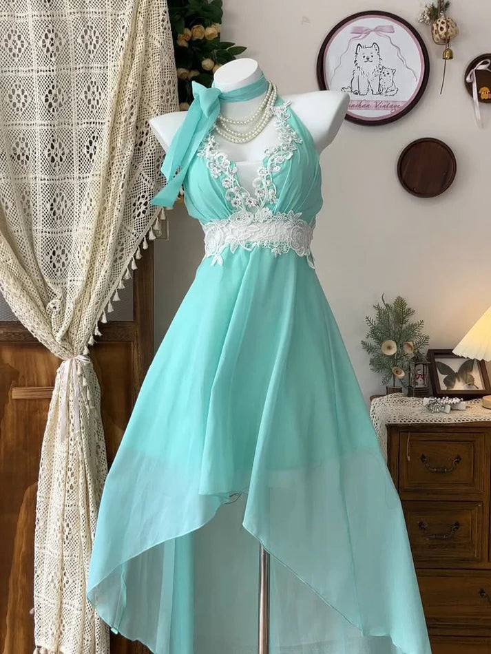 Elegant Turquoise A-Line Halter Lace Embroidery Waist Mini Summer Dress Homecoming Dress SH6469