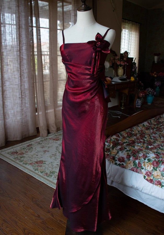 Retro Sheath Spaghetti Straps Flower Purple Satin Long Prom Dress Evening Dress SH3095