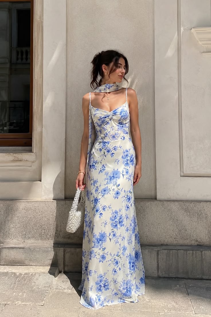 Blue Print A Line Spaghetti Straps Chiffon Long Prom Dress Evening Dress SH7573