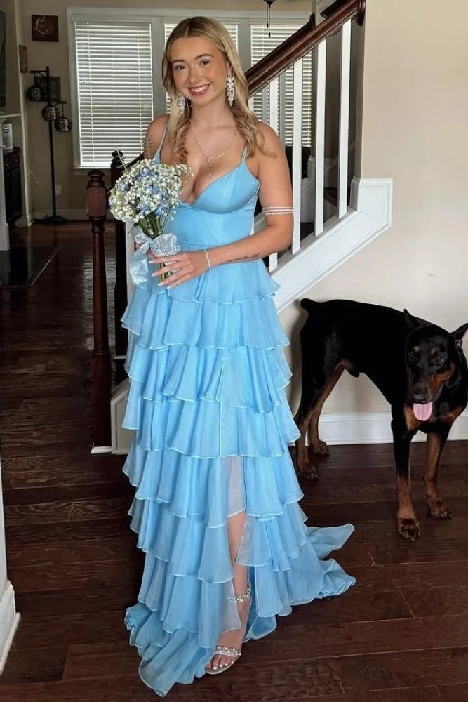 Light Blue Chiffon Straps Layered Ruffle A-Line Long Prom Dress SH8194