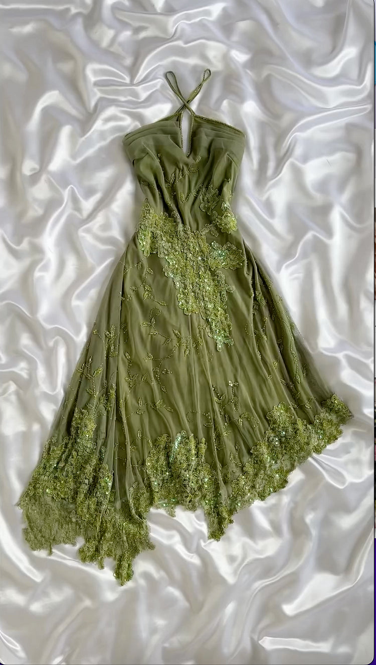 Vintage A Line Halter Sequin Appliques Green Chiffon Prom Dress Evening Dress SH2298
