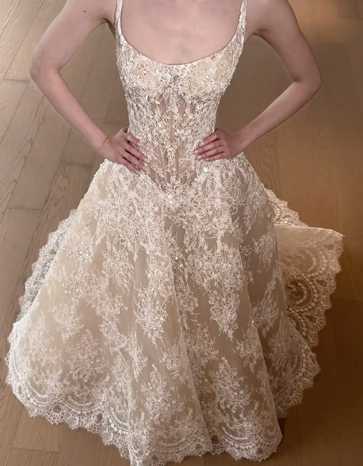 Apricot Fairy A Line Spaghetti Strap Lace Long Wedding Dress SH7342