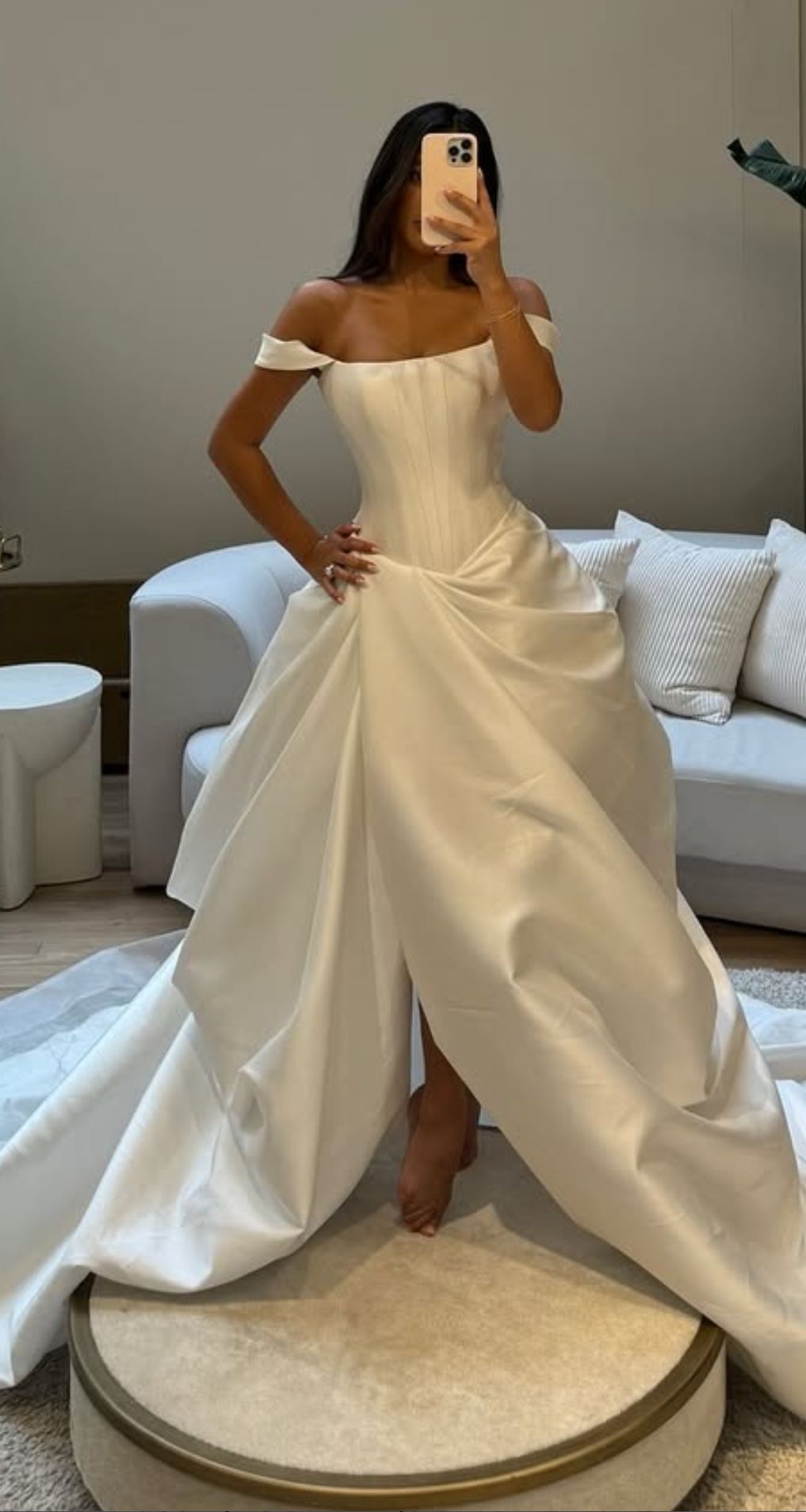 Simple A Line Off the Shoulder Corset Satin Long Wedding Dress SH8348