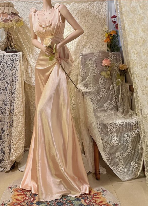 Sweet Pink 3D Rose A Line V Neck Satin Long Prom Dress Date Dress SH3931
