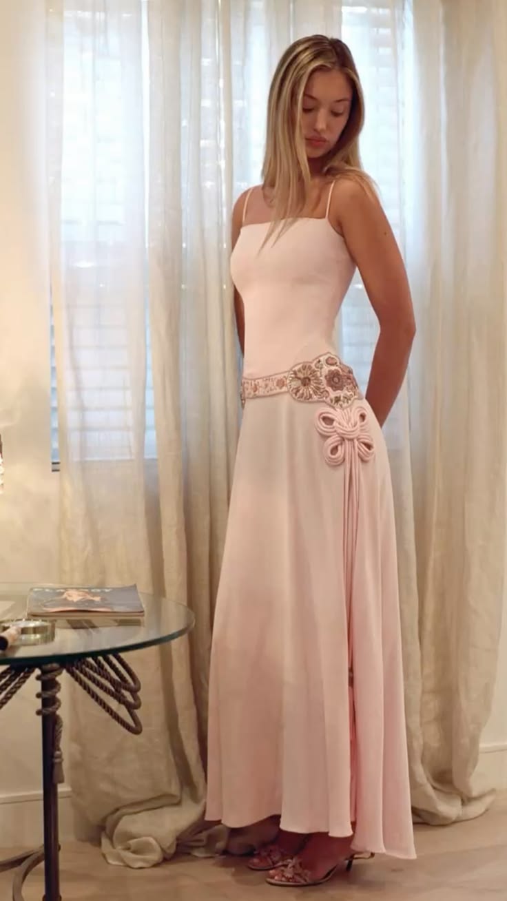 Light Pink A Line Spaghetti Strap Beaded Satin Prom Dress Evening Dress SH7283