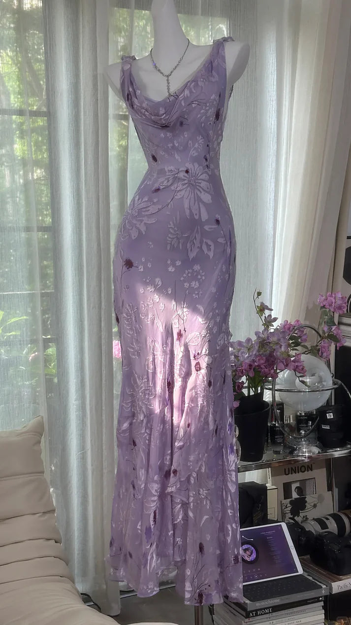 Gentle Retro Mermaid Straps Print Floral Purple Satin Prom Dress Formal Dress SH4021