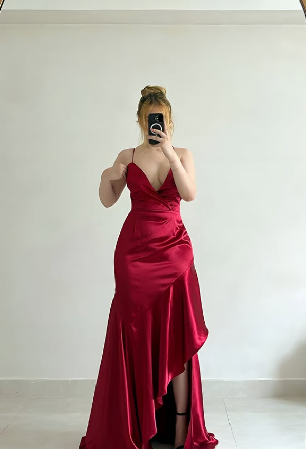 Charming Red Mermaid Straps Satin Slit Long Prom Dress Evening Dress SH6885