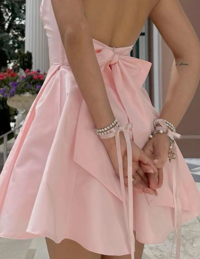 Pink A Line Straps Satin Short Homecoming Dress Cocktail Dress with Bow SH3252