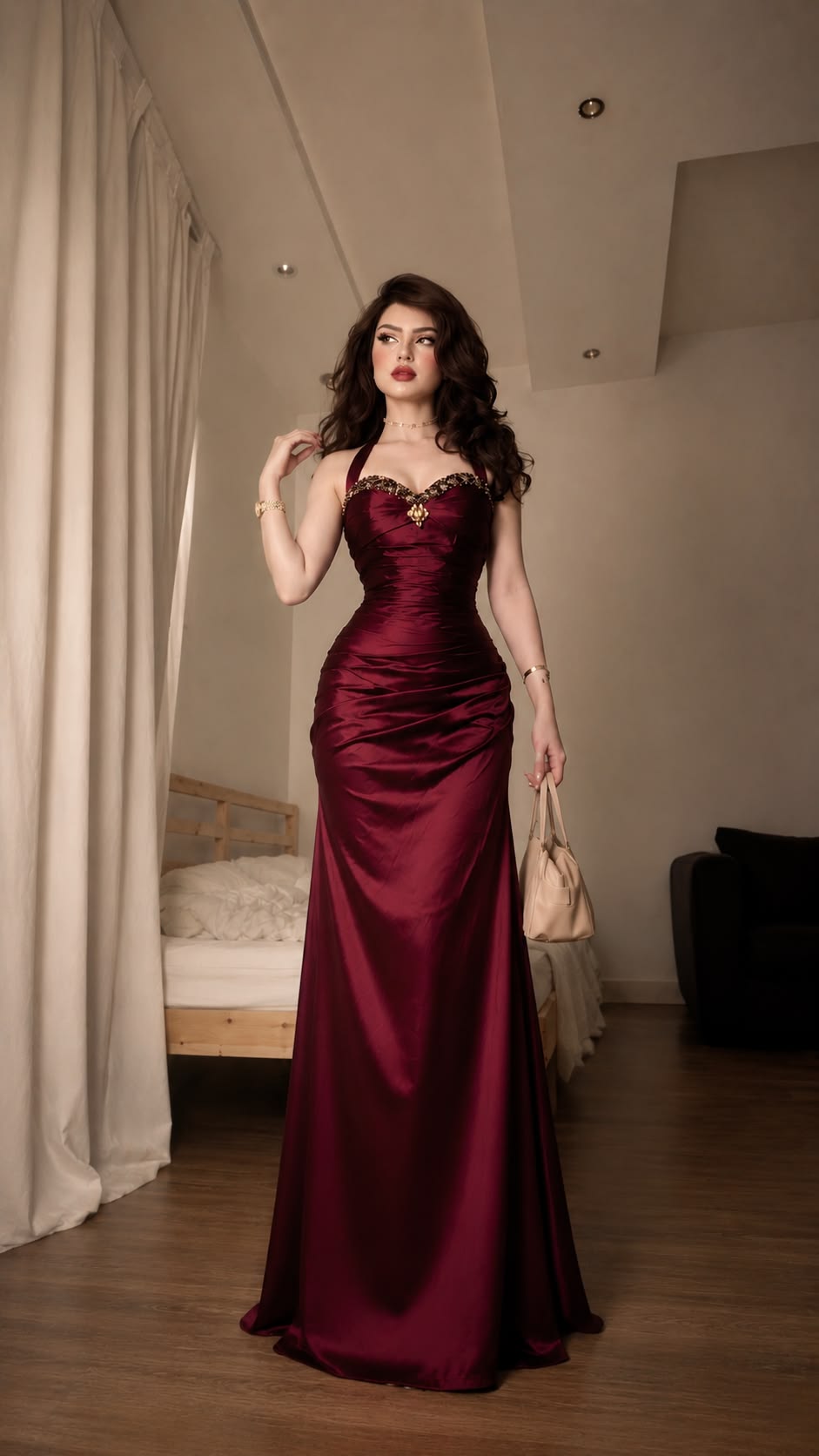Burgundy Mermaid Halter Beaded Satin Prom Dress Evening Dress SH6910