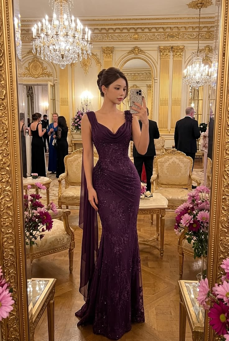 Purple Mermaid Strap Sequin Beaded Tulle Long Prom Dress Evening Dress SH7583