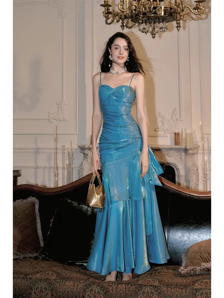 Gentle Mermaid Spaghetti Straps Tiered Pleated Blue Satin Evening Dress Party Dress SH2804