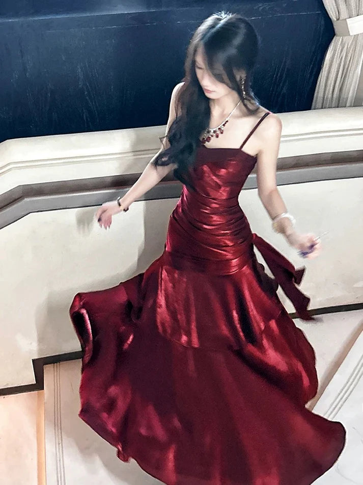 Gentle Mermaid Spaghetti Straps Tiered Pleated Burgundy Satin Evening Dress Party Dress SH2807