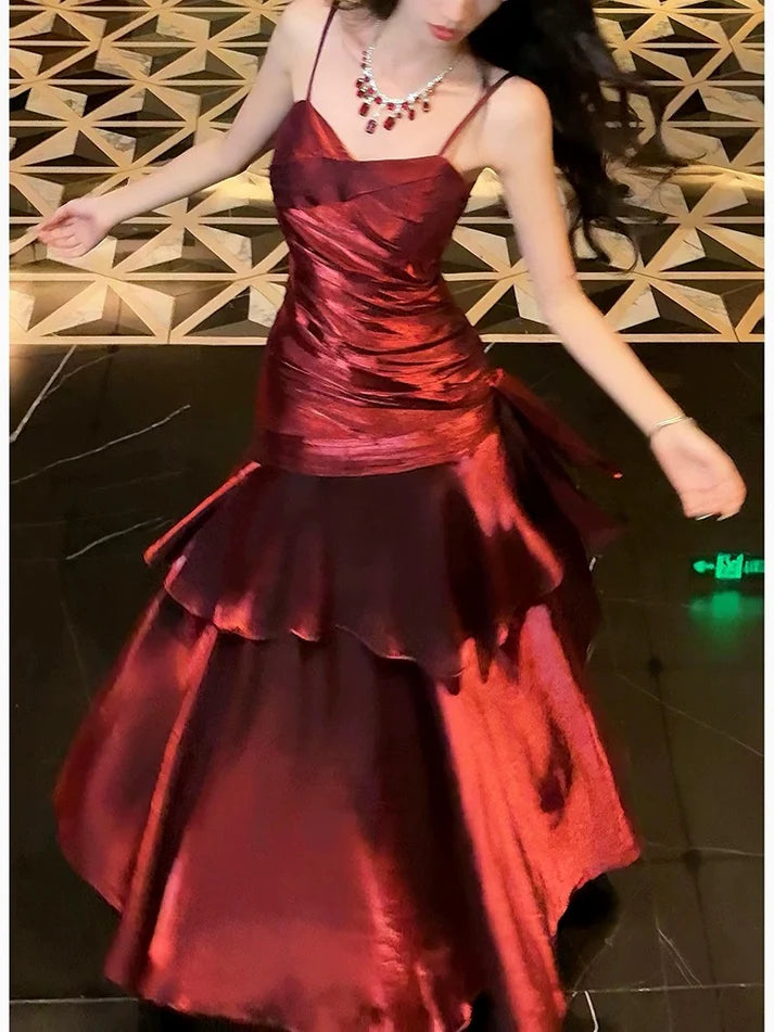 Gentle Mermaid Spaghetti Straps Tiered Pleated Burgundy Satin Evening Dress Party Dress SH2807