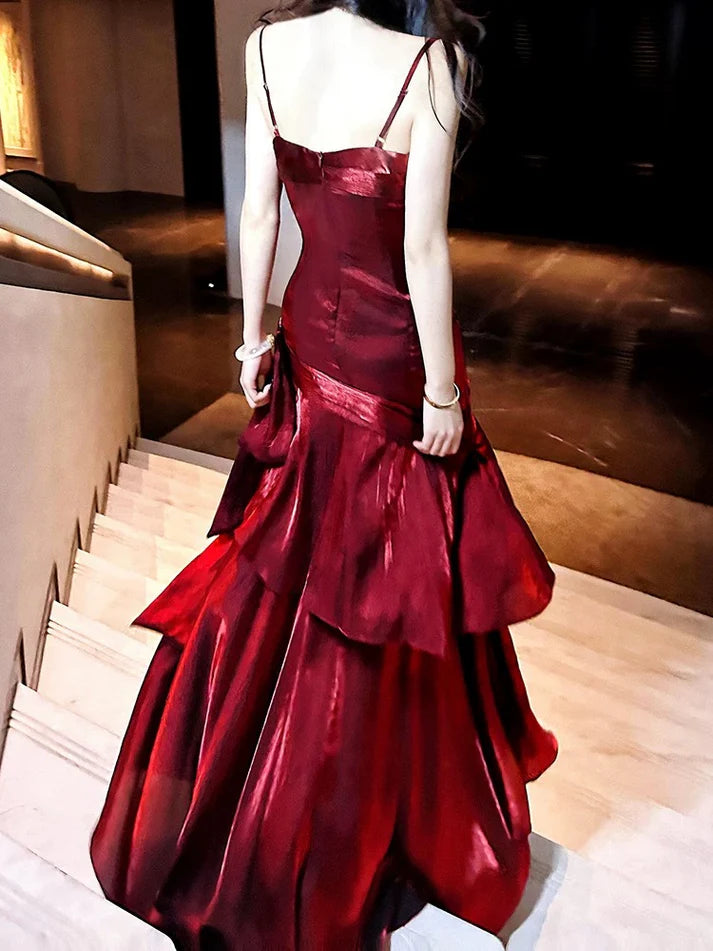 Gentle Mermaid Spaghetti Straps Tiered Pleated Burgundy Satin Evening Dress Party Dress SH2807