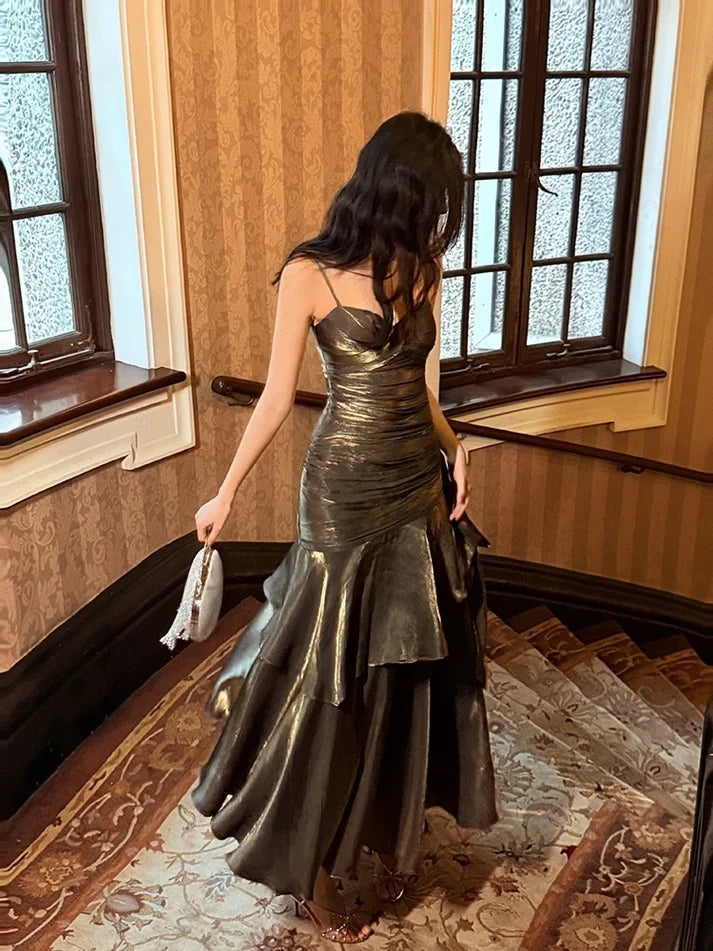 Gentle Mermaid Spaghetti Straps Tiered Pleated Green Satin Evening Dress Party Dress SH2809