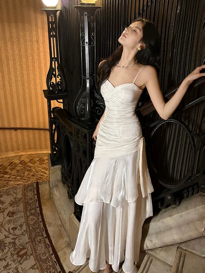 Gentle Mermaid Spaghetti Straps Tiered Pleated Light Champagne Satin Evening Dress Party Dress SH2805