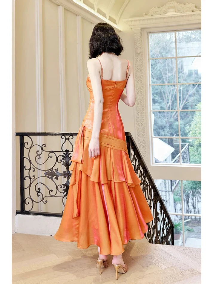 Gentle Mermaid Spaghetti Straps Tiered Pleated Orange Satin Evening Dress Party Dress SH2803