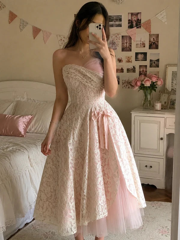 Vintage A Line Sweetheart Neck White Lace Pink Tulle Prom Dress Evening Dress SH8276