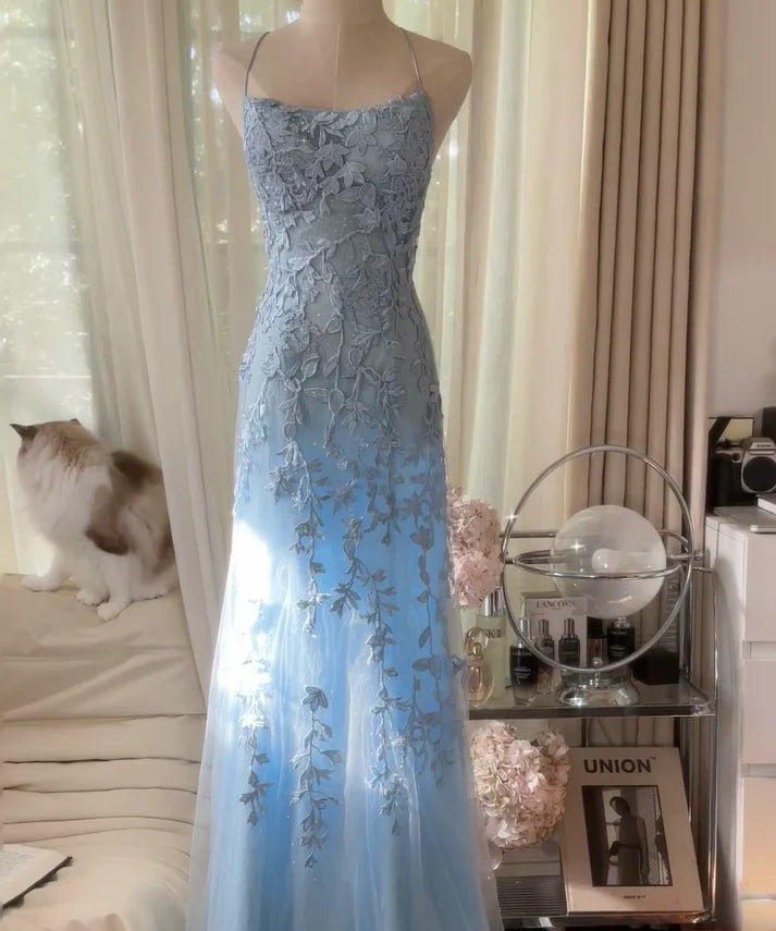 Baby Blue A Line Spaghetti Straps Appliques Tulle Long Prom Dress Graduation Prom Dress SH2515