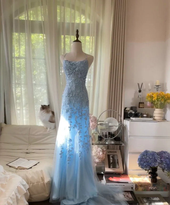 Baby Blue A Line Spaghetti Straps Appliques Tulle Long Prom Dress Graduation Prom Dress SH2515