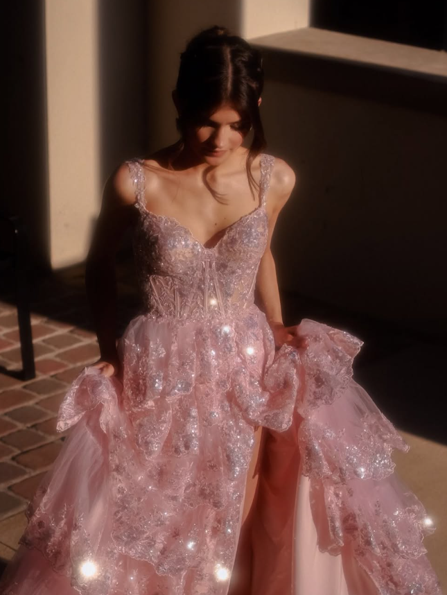 Elegant A Line Off the Shoulder Tiered Sequin Light Pink Tulle Prom Dress Evening Dress SH2385