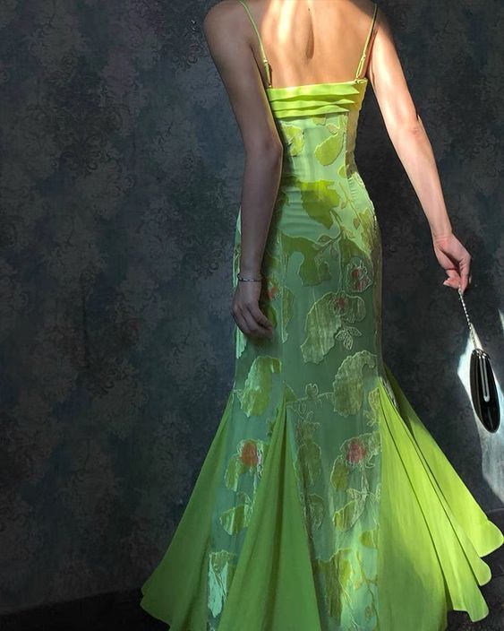Pretty Mermaid Spaghetti Strap Print Flower Green Satin Chiffon Party Dress Evening Dress SH2875