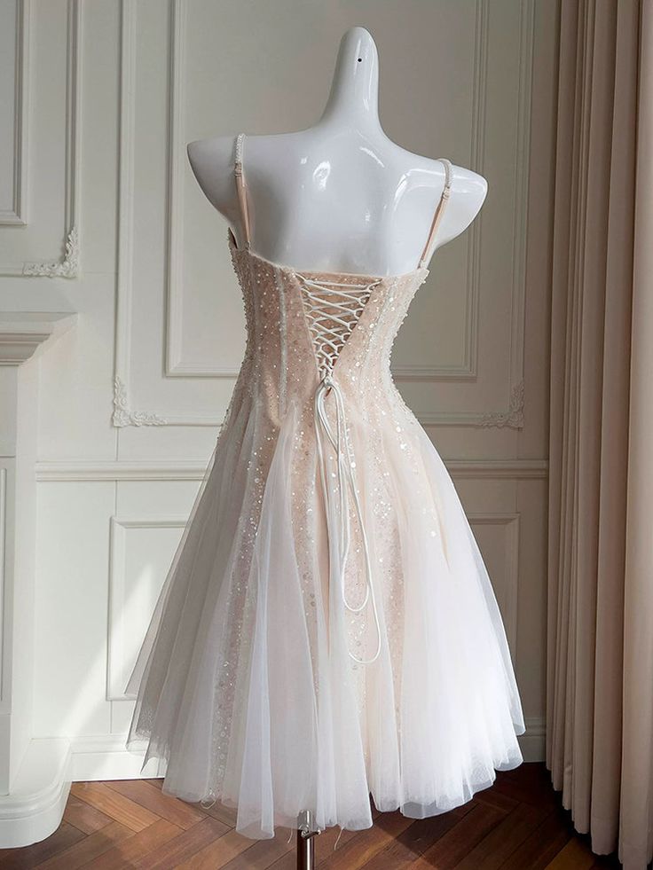 Sequin A Line Spaghetti Strap Corset Skin Color White Tulle Homecoming Dress SH3408