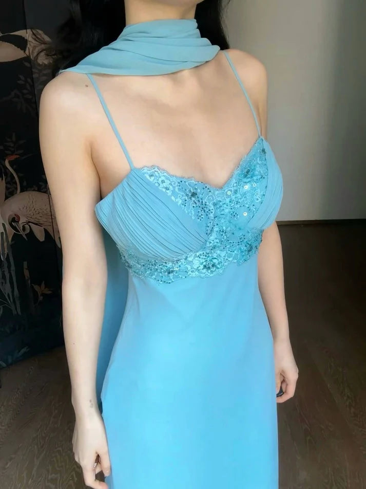 Elegant Sheath Spaghetti Strap Beaded Sequin Blue Chiffon Prom Dress Graduation Prom Dress SH2618