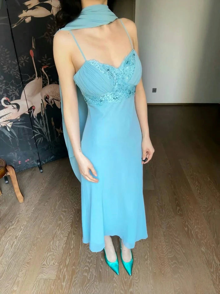 Elegant Sheath Spaghetti Strap Beaded Sequin Blue Chiffon Prom Dress Graduation Prom Dress SH2618